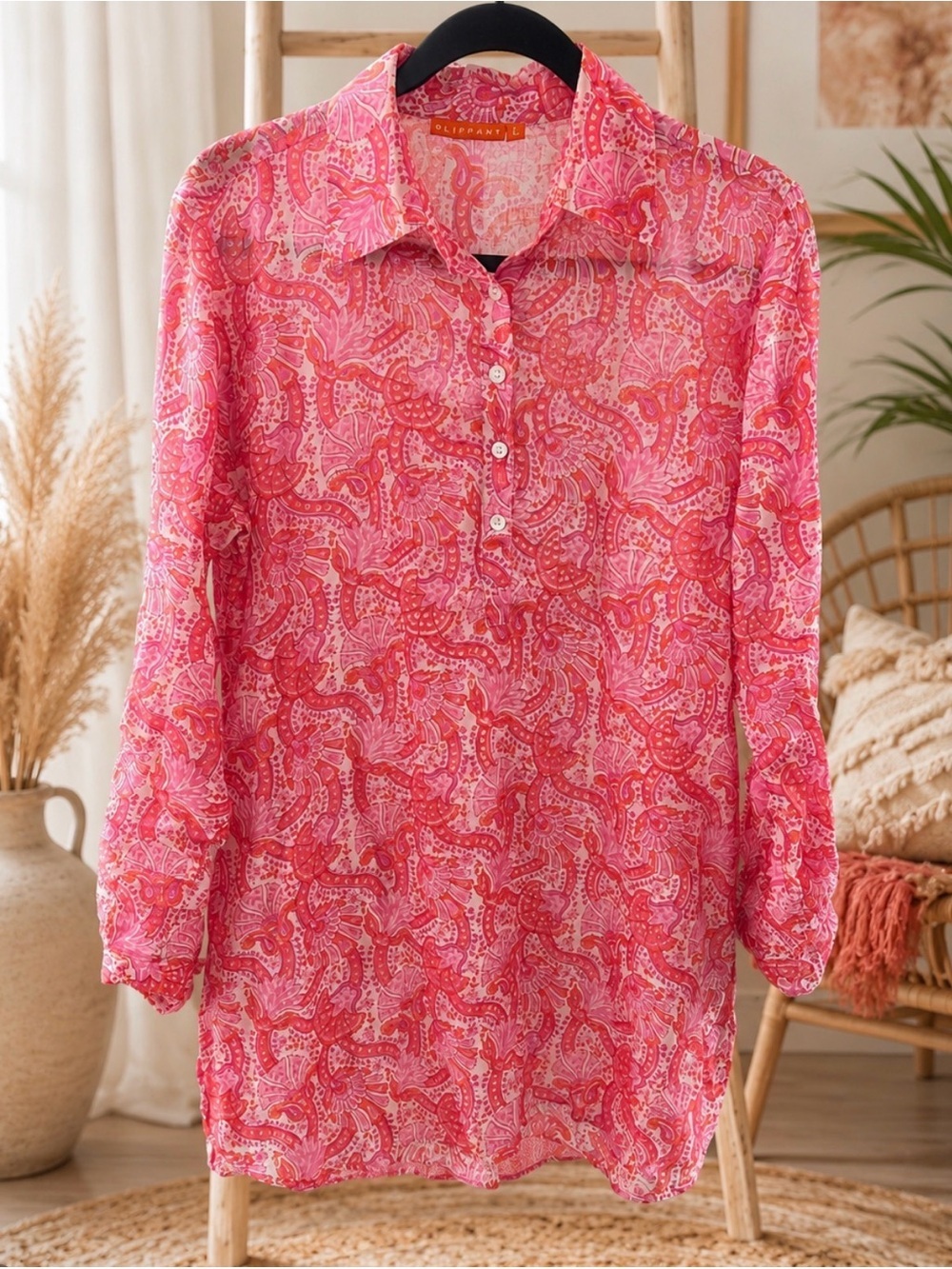 Oliphant Pink Paisley Tunic Blouse | Lightweight Cotton | Long Sleeve Popover
